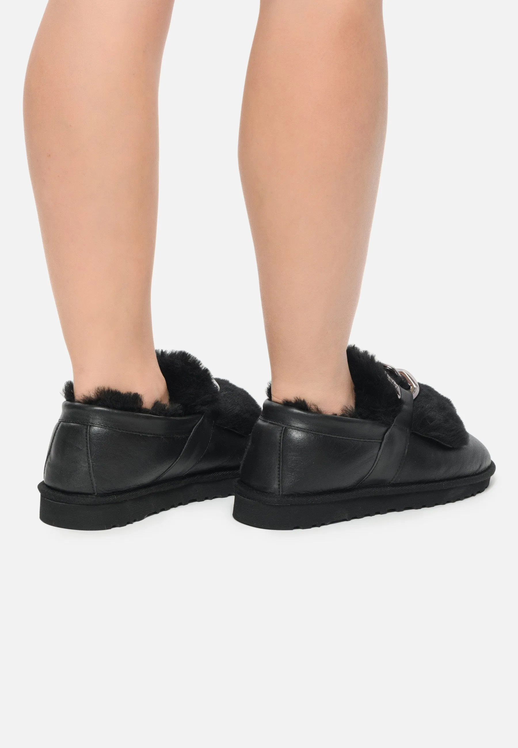 Chain Fur Lined Loafers - Black