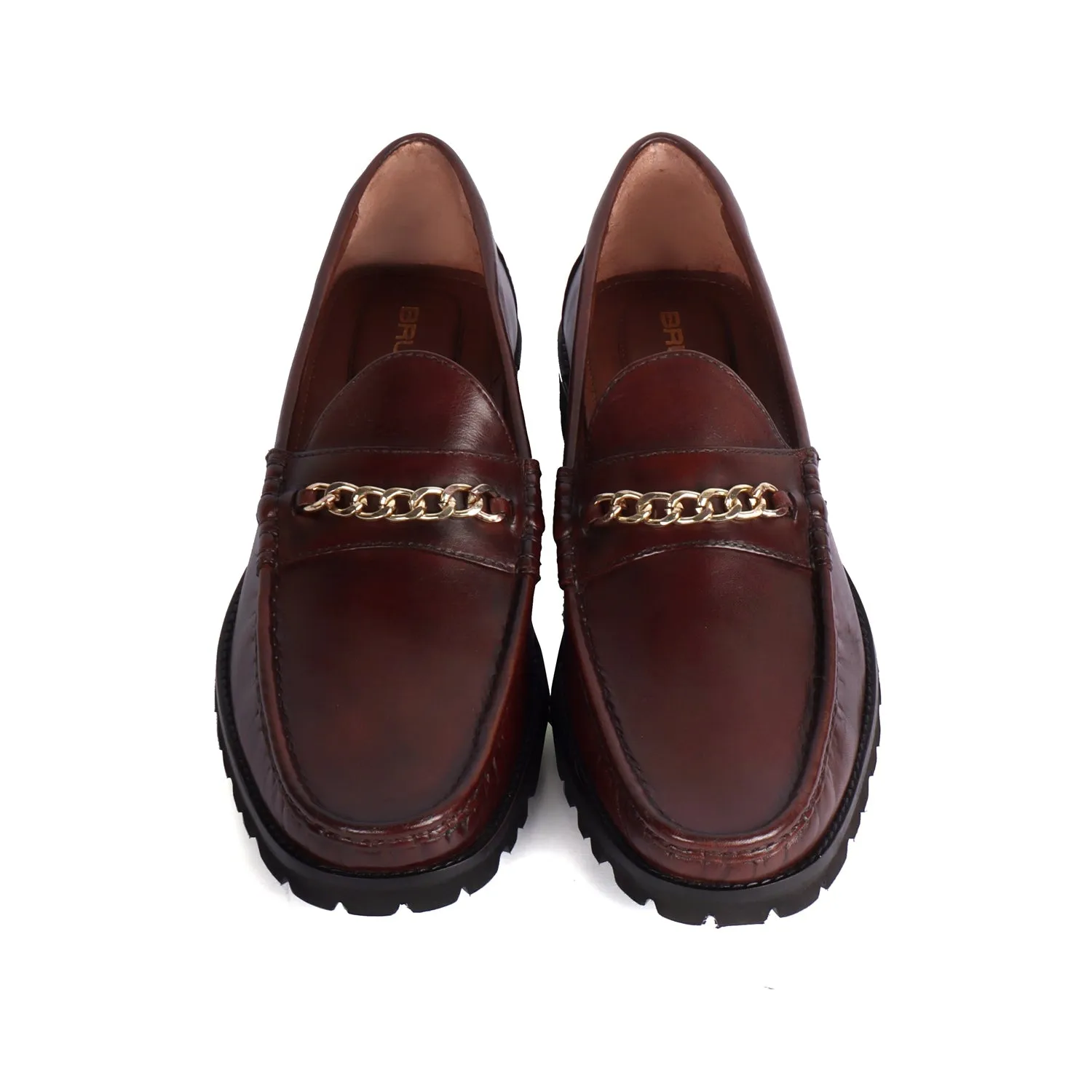 Chunky Sole Leather Loafers in Dark Brown color with Golden Chain Embellishment