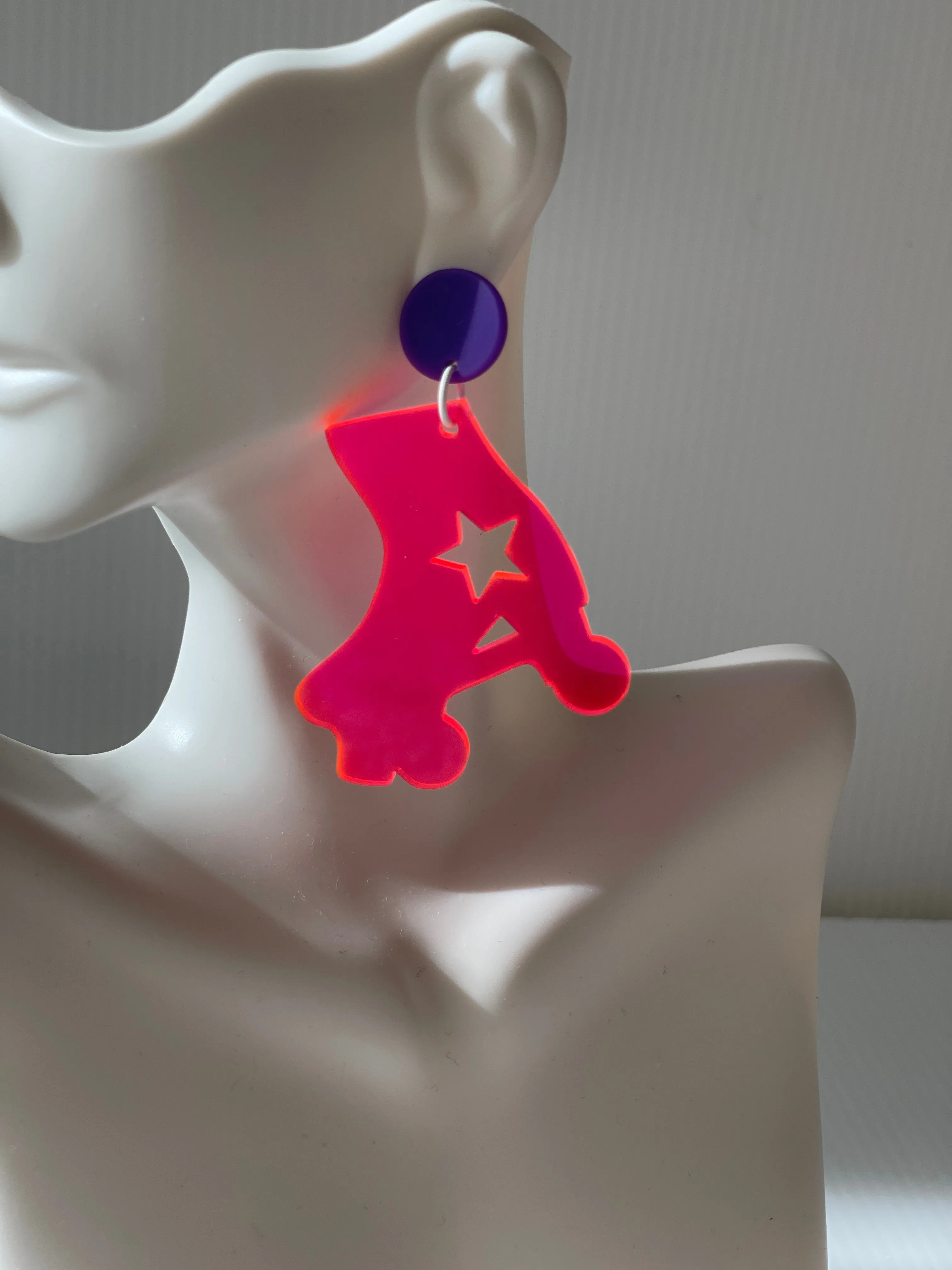 Fantastic Plastic Custom Jumbo Clear Neon Pink Rollerskate Charm Earrings - Your Choice of Post!