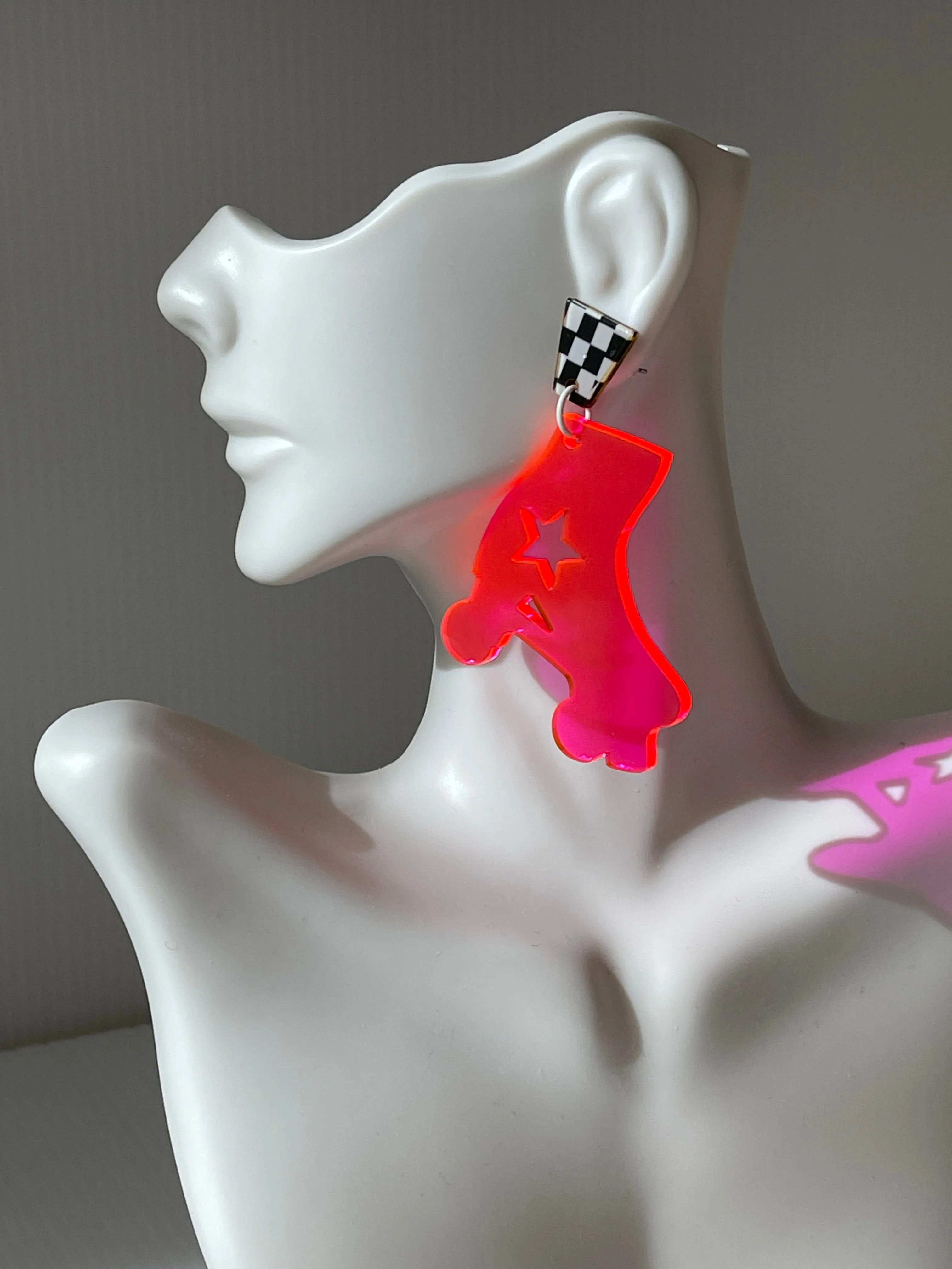 Fantastic Plastic Custom Jumbo Clear Neon Pink Rollerskate Charm Earrings - Your Choice of Post!