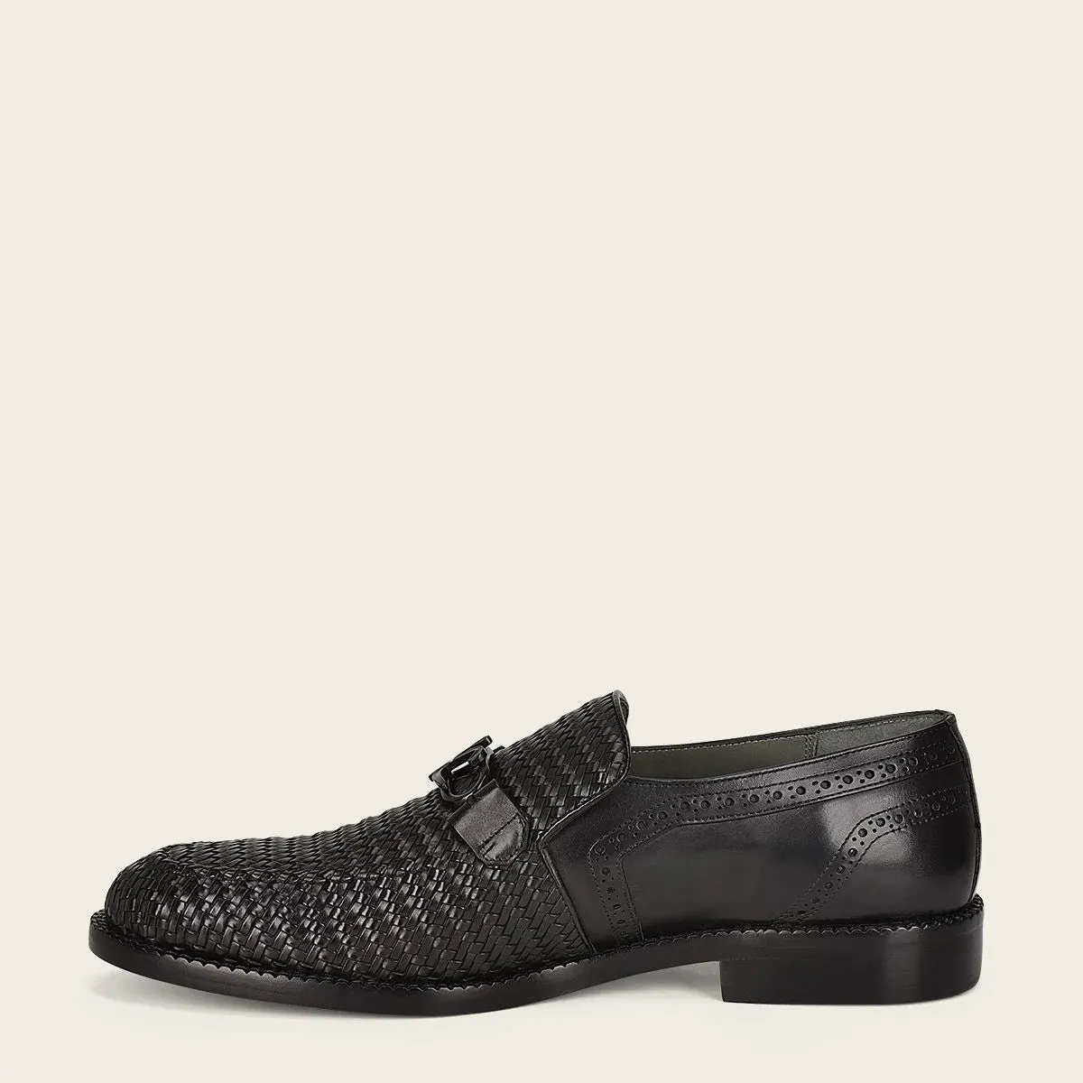 Franco Cuadra - Q94TEBU black fashion casual woven leather loafer shoe for men