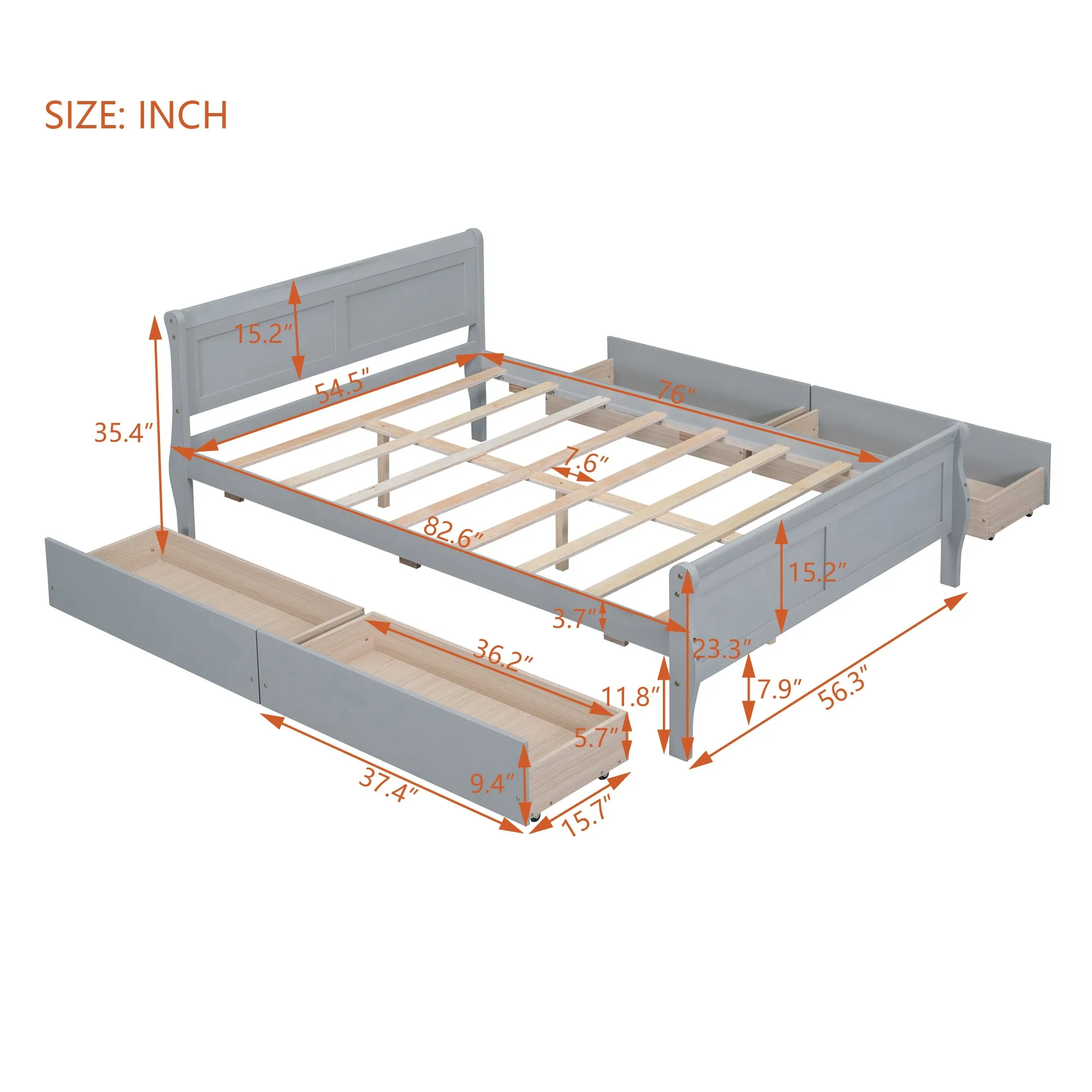 Full Size Wood Platform Bed with 4 Drawers and Streamlined Headboard & Footboard, Gray