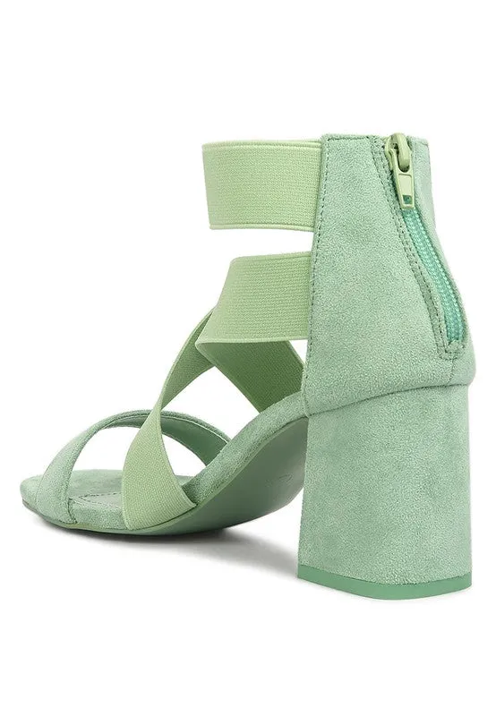 Green Elastic Strappy Block Heel Sandals