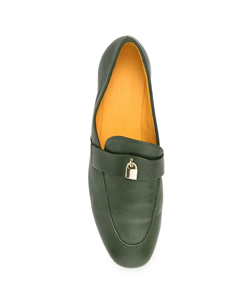 Green Leather  Lock Flat Loafer