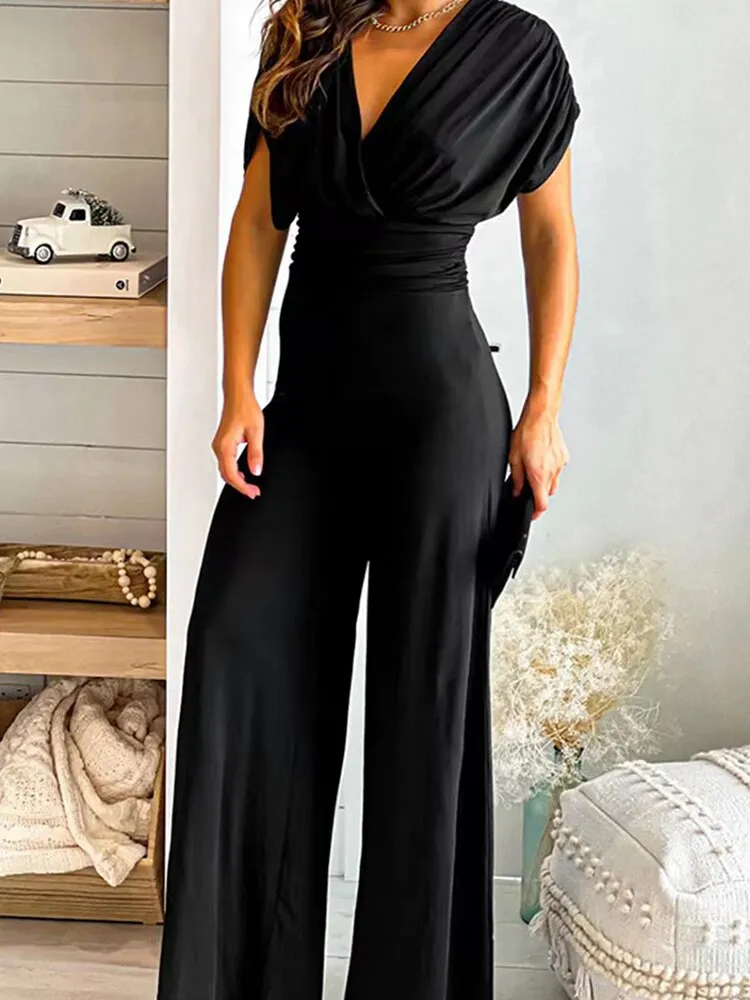 Joskaa Elegant Sexy V Neck Lady Jumpsuit Solid Backless High Waist Women Romper Office Fashion Wide Leg Pant One-Piece Playsuit Overall