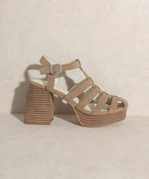 Khaki Open Cut, Platform Chunk Heel With Ankle Strap