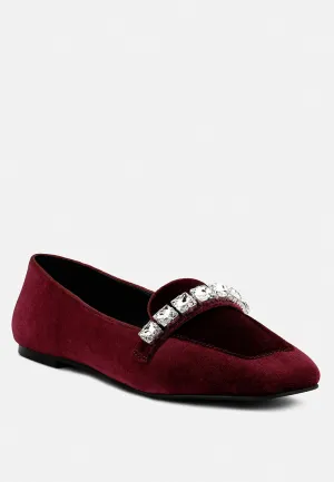 LAMINGTON Diamante Embellished Velvet Loafers in Burgundy