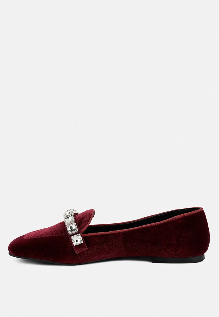 LAMINGTON Diamante Embellished Velvet Loafers in Burgundy