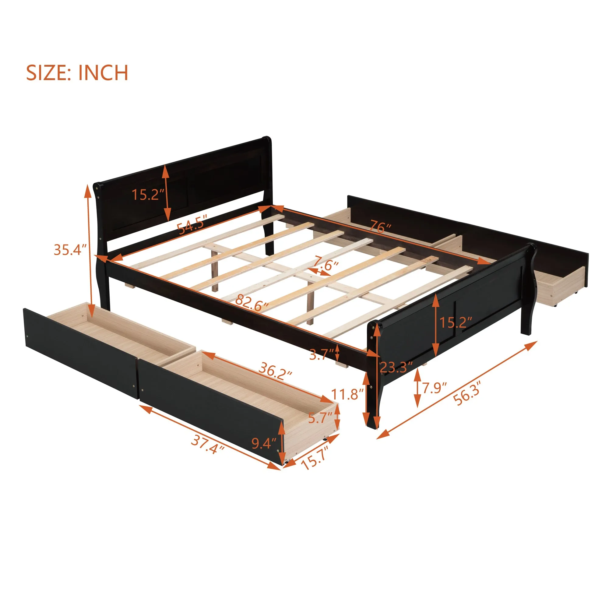 Meg Full Size Wood Platform Bed with 4 Drawers - Espresso