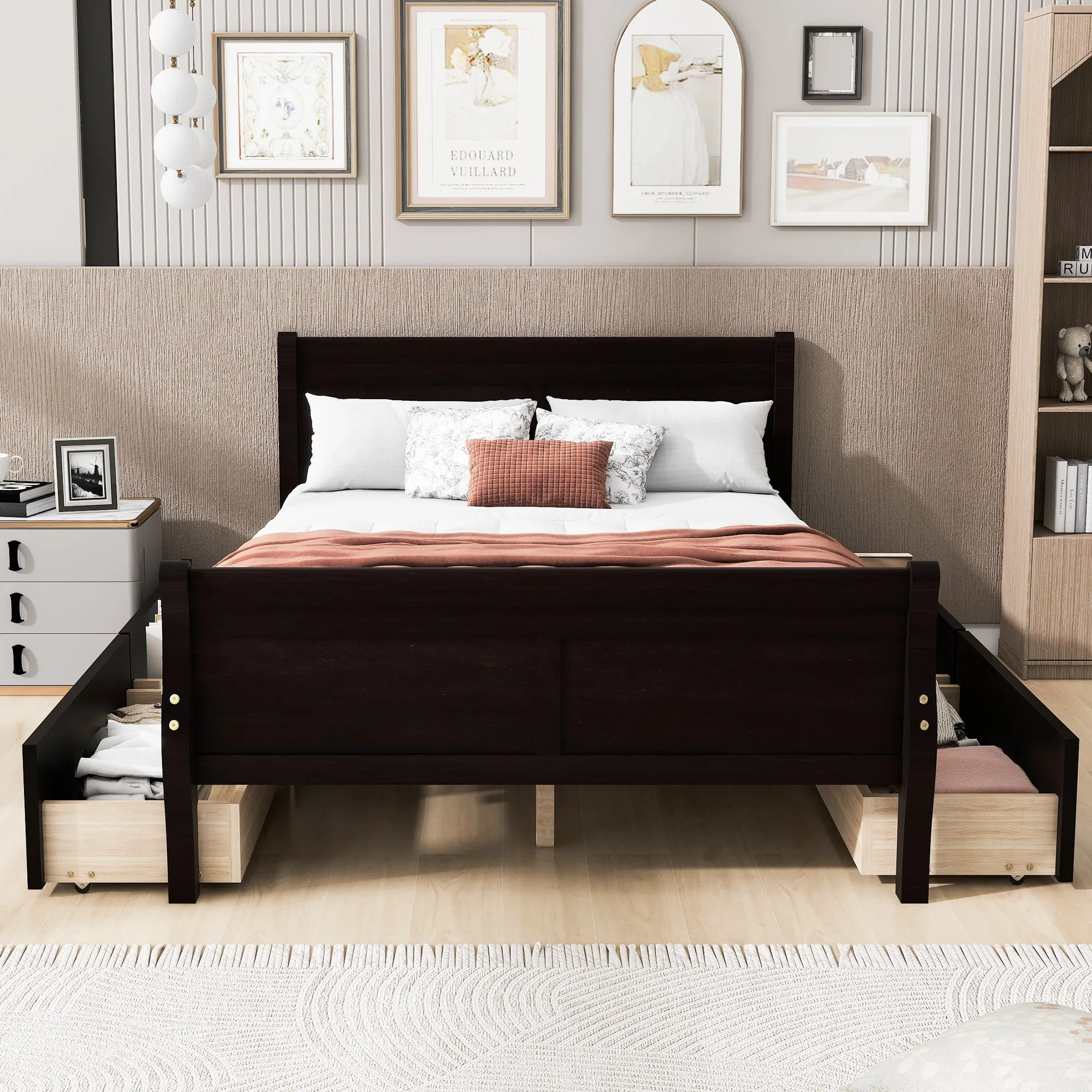 Meg Full Size Wood Platform Bed with 4 Drawers - Espresso