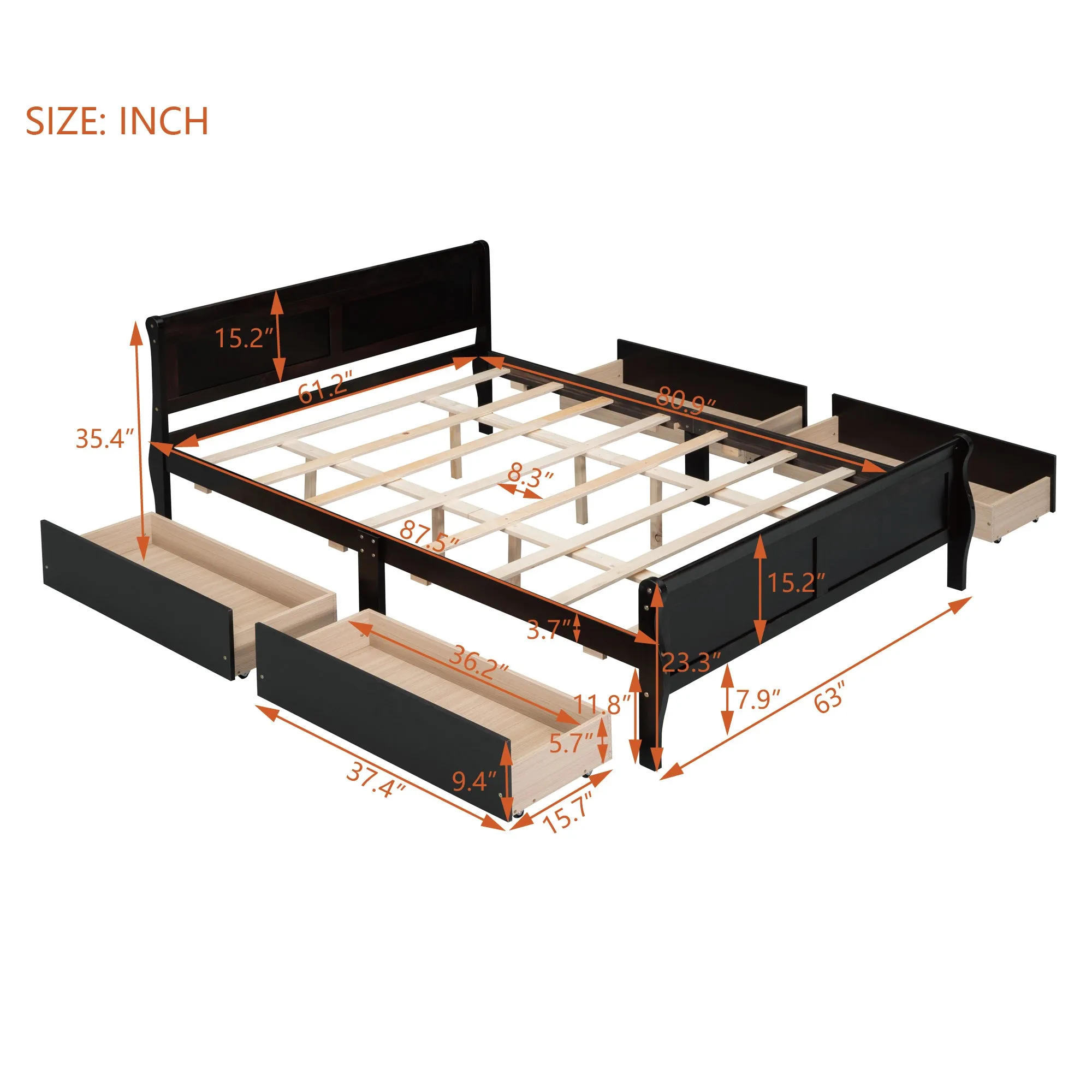 Meg Queen Size Wood Platform Bed with 4 Drawers - Espresso