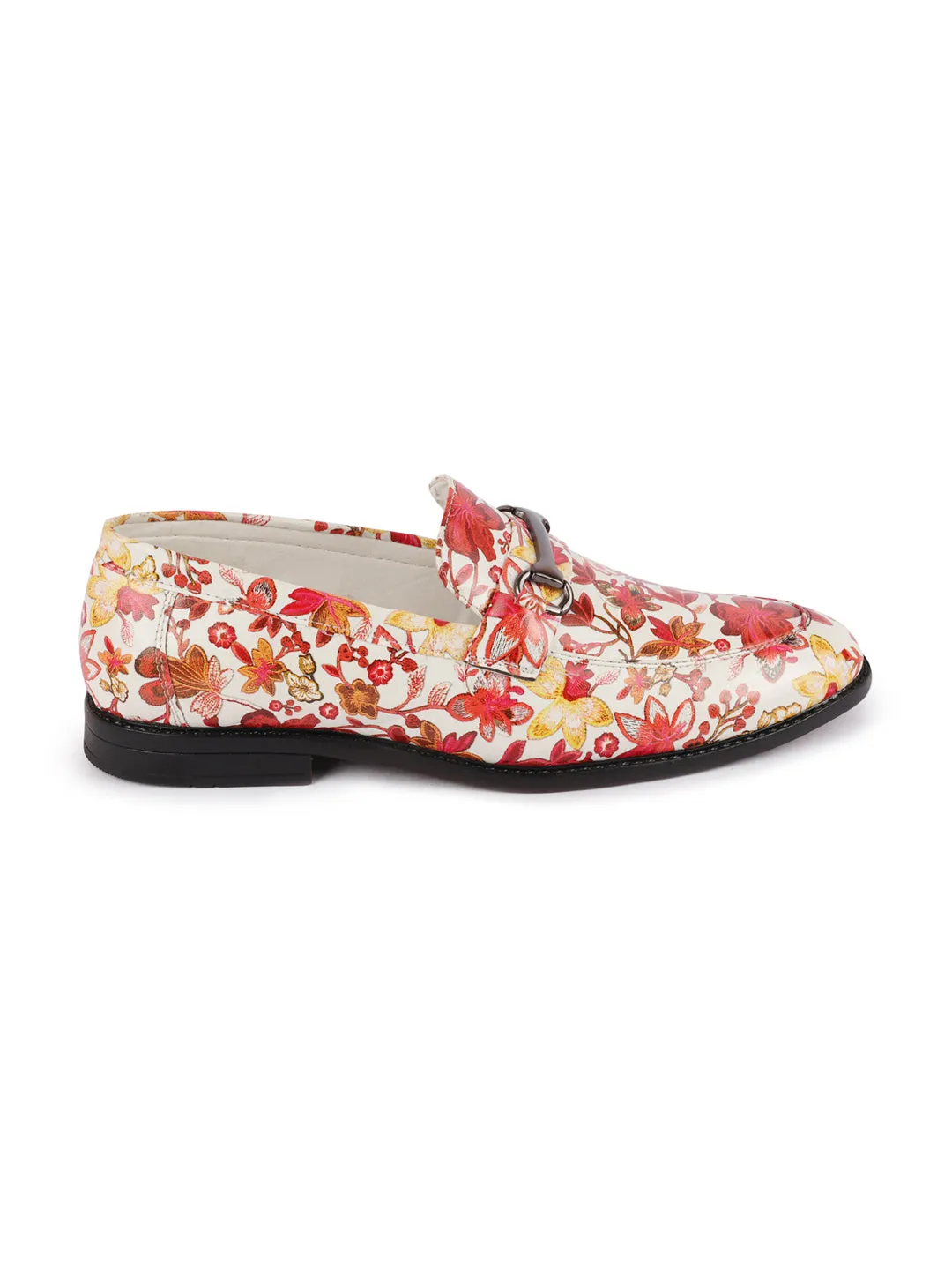 Men Red Floral Print Horsebit Buckle Weekend Wedding Evening Party Shoes Loafers