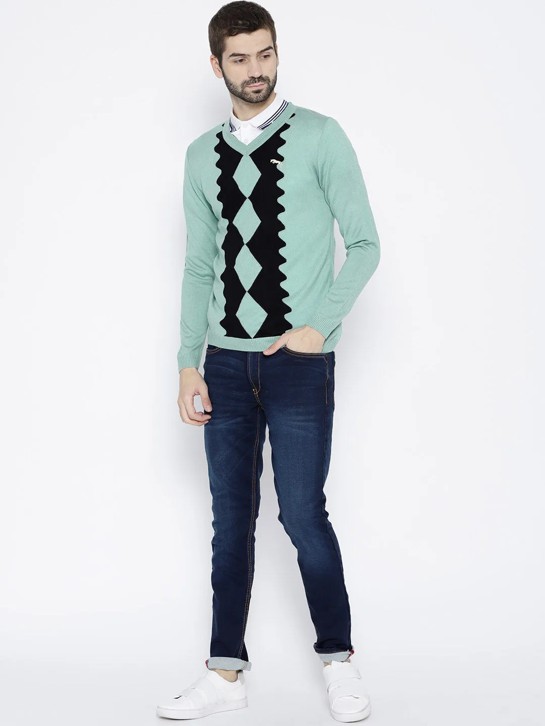 Men Turquoise Blue Colourblocked Pullover