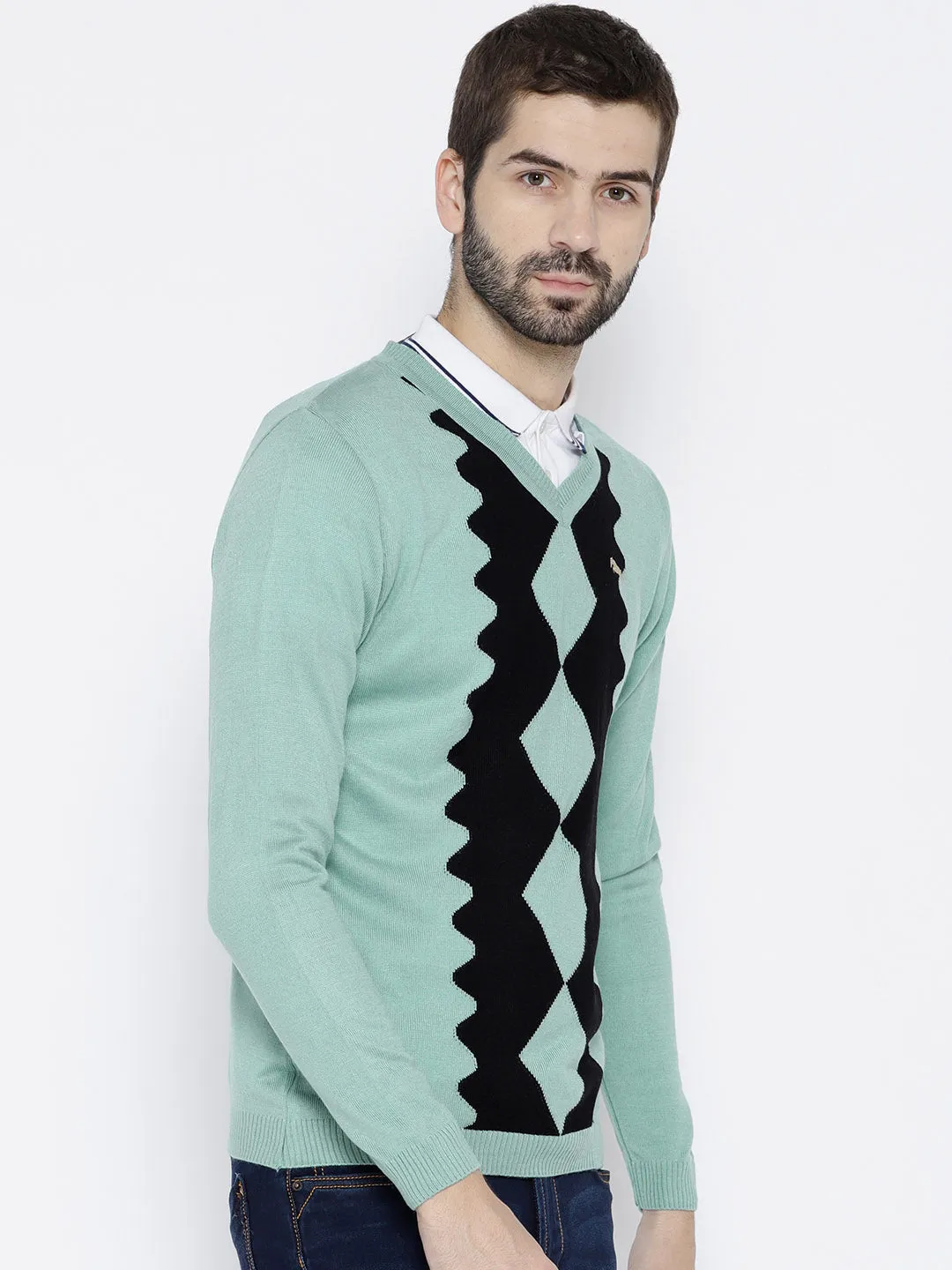 Men Turquoise Blue Colourblocked Pullover