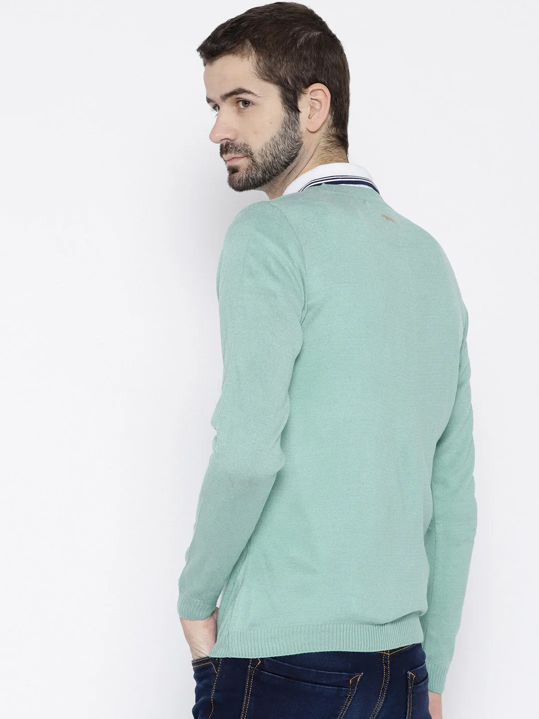 Men Turquoise Blue Colourblocked Pullover