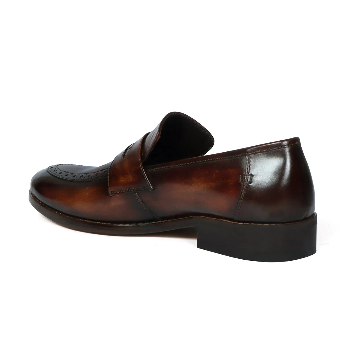 Patina Finish Leather Loafer with Brush Stroke Punching Apron Toe