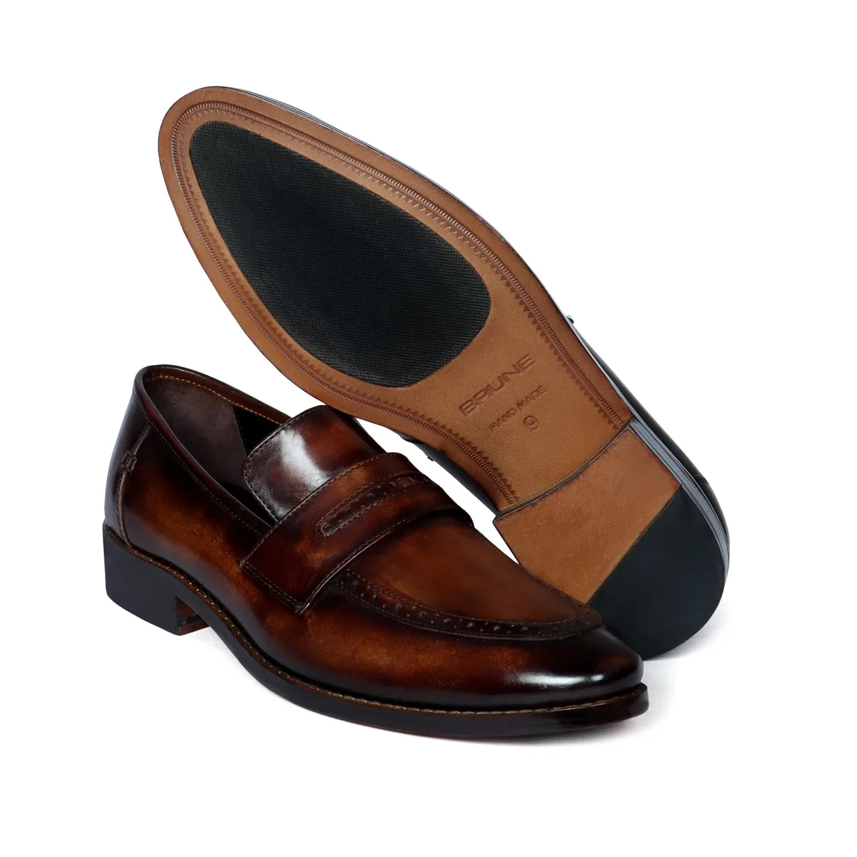 Patina Finish Leather Loafer with Brush Stroke Punching Apron Toe