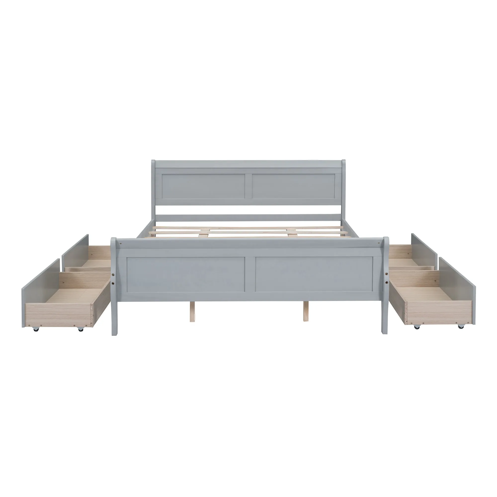 Queen Size Wood Platform Bed with 4 Drawers and Streamlined Headboard & Footboard, Gray