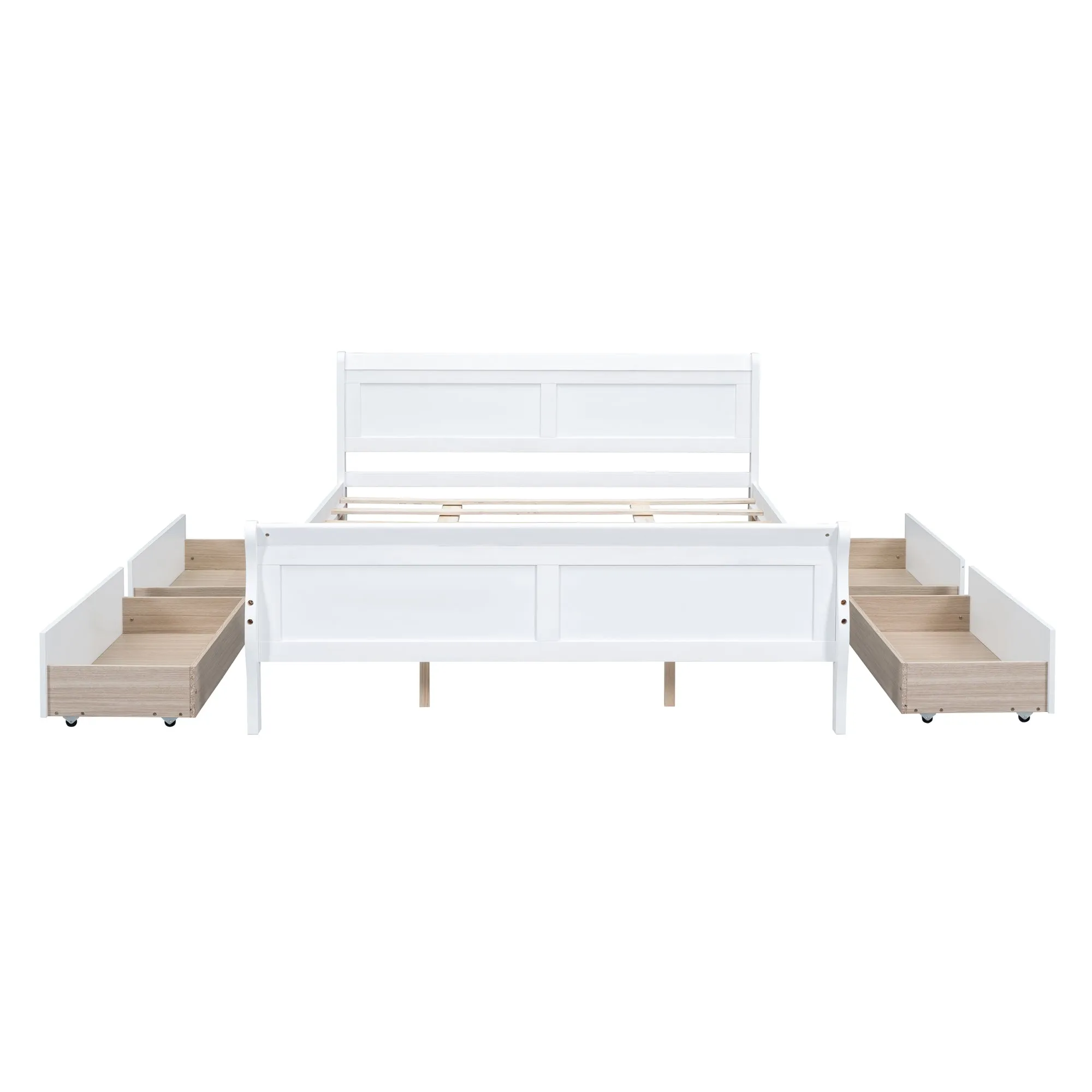 Queen Size Wood Platform Bed with 4 Drawers and Streamlined Headboard & Footboard, White