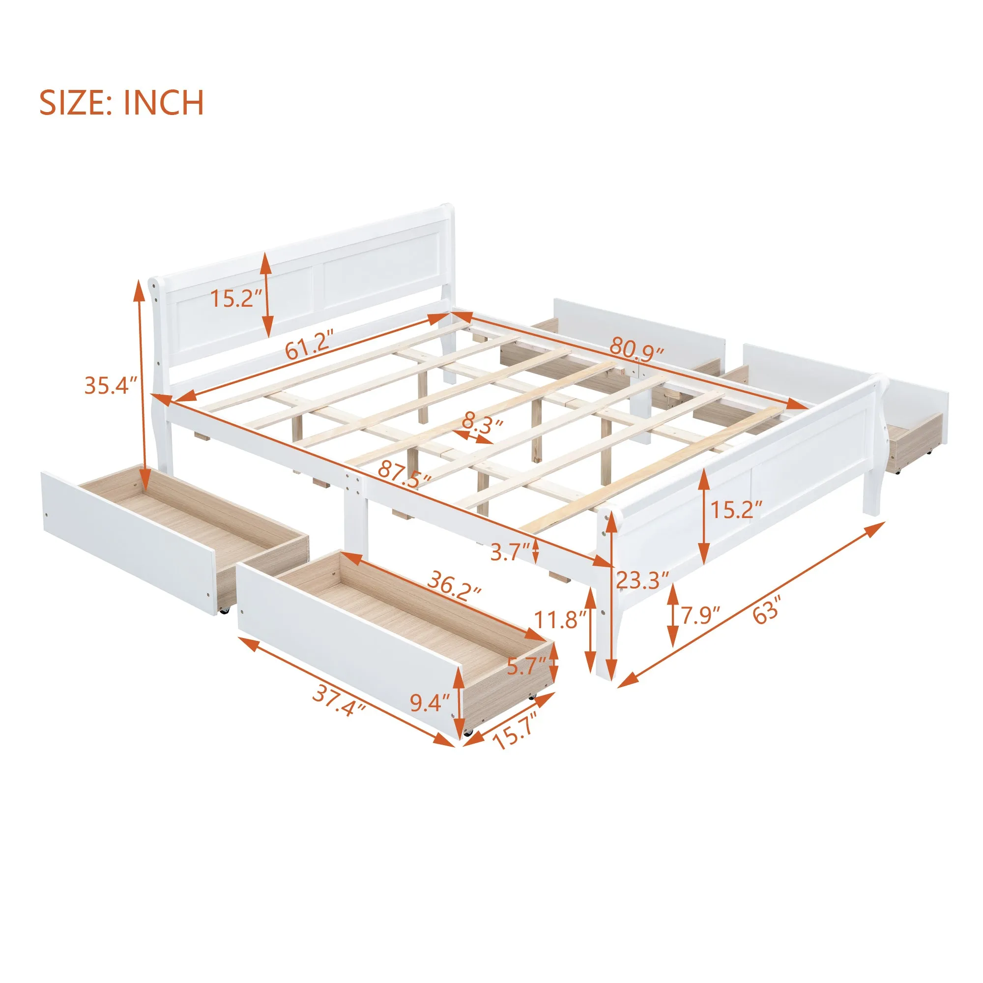 Queen Size Wood Platform Bed with 4 Drawers and Streamlined Headboard & Footboard, White