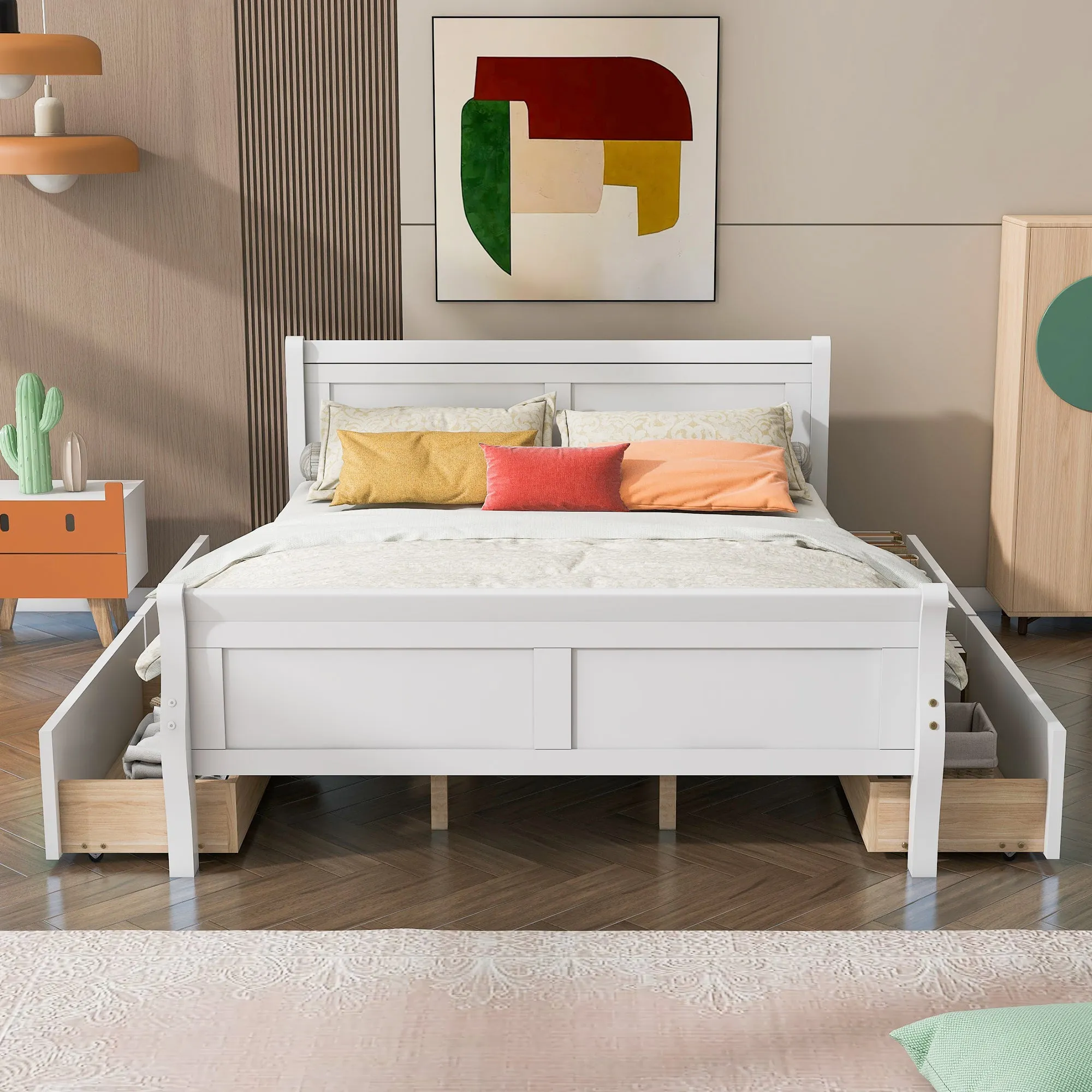 Queen Size Wood Platform Bed with 4 Drawers and Streamlined Headboard & Footboard, White