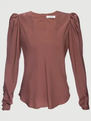 Silk Shirred V Neck Top -- Rosewood