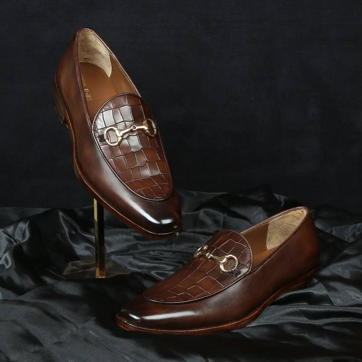 Squared Toe Brown Horse-bit Loafers With Deep Cut Croco Textured Leather at Vamp