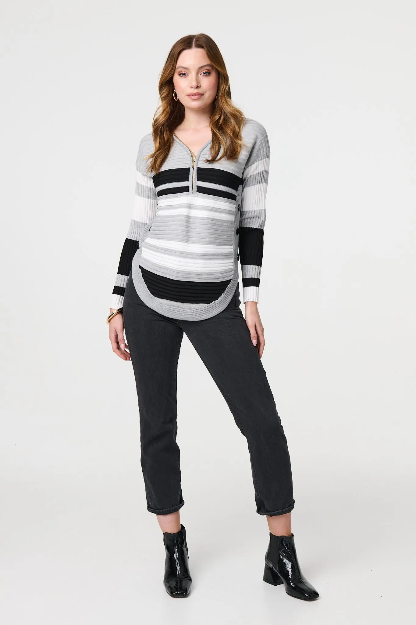 Striped Zip Front Knit Pullover