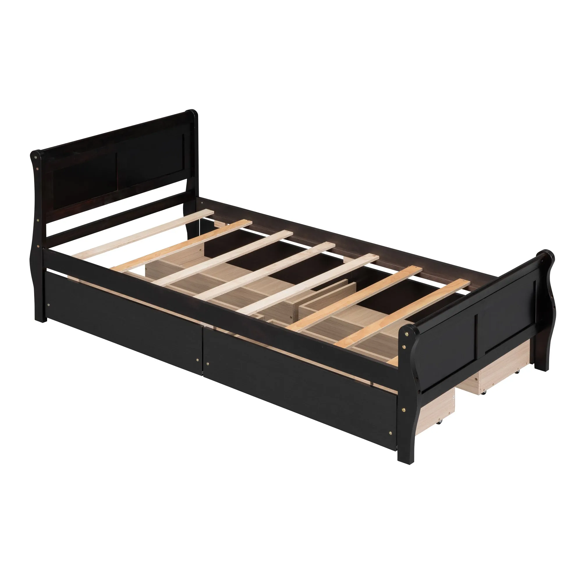 Twin Size Wood Platform Bed with 4 Drawers and Streamlined Headboard & Footboard, Espresso