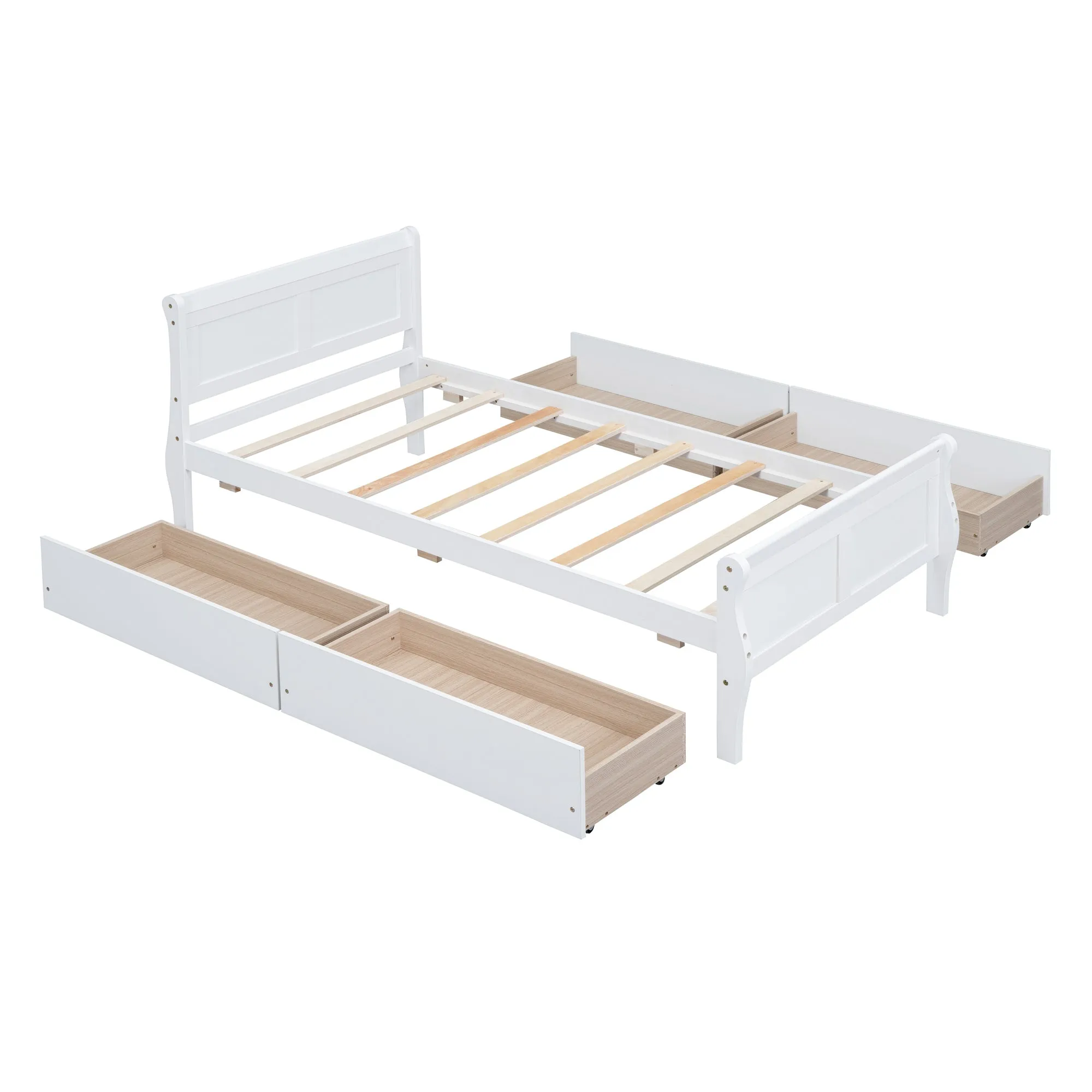 Twin Size Wood Platform Bed with 4 Drawers and Streamlined Headboard & Footboard, White