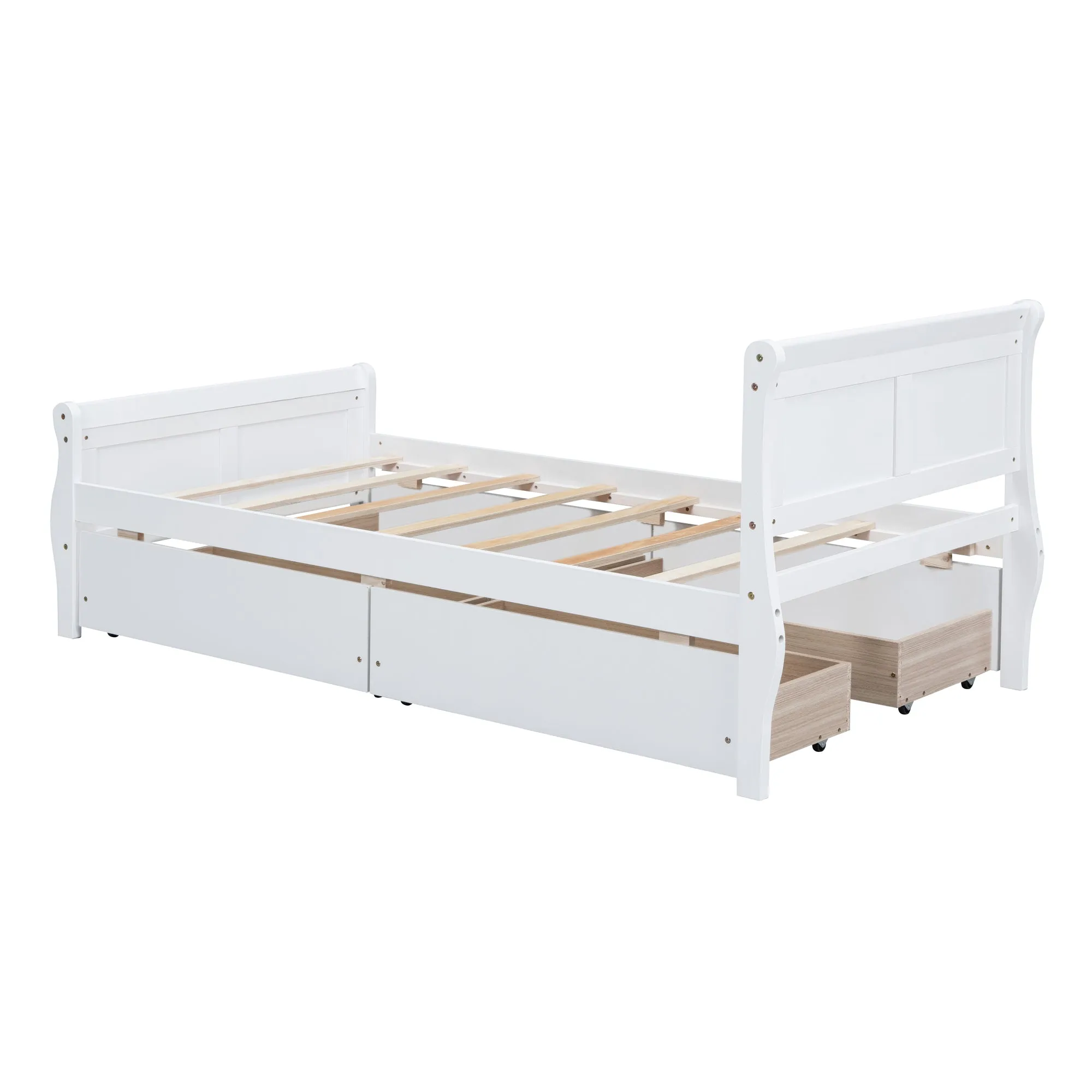 Twin Size Wood Platform Bed with 4 Drawers and Streamlined Headboard & Footboard, White