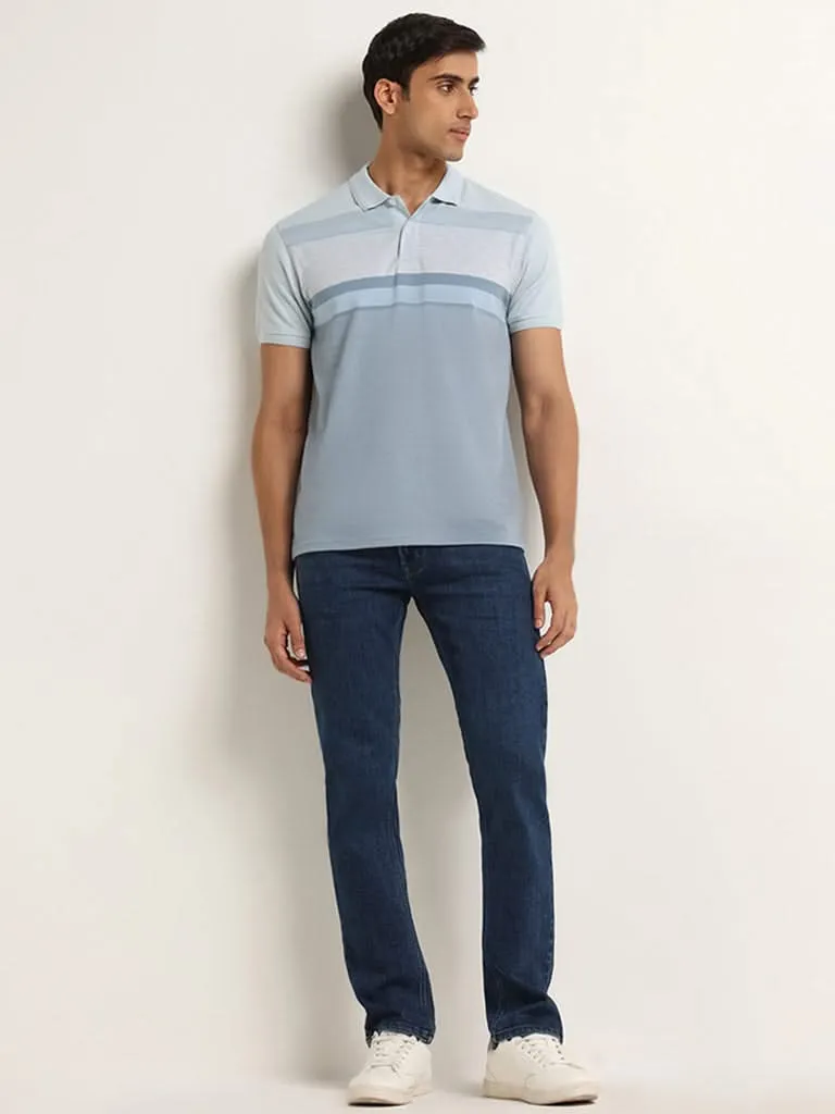 WES Casuals Light Blue Colour Blocked Cotton Blend Slim Fit Polo T-Shirt