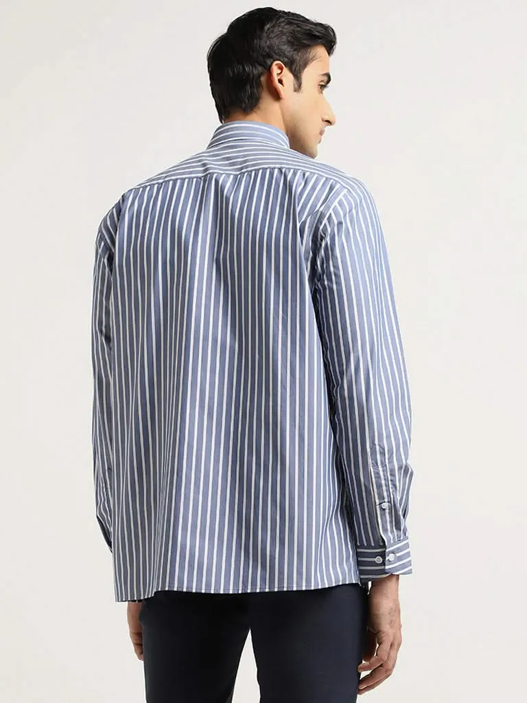 WES Formals Blue Striped Cotton Relaxed Fit Shirt