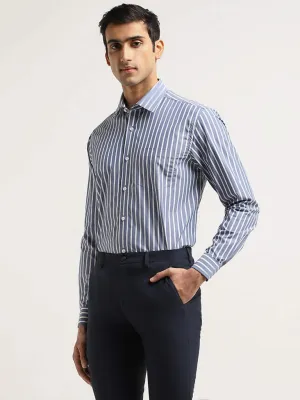 WES Formals Blue Striped Cotton Relaxed Fit Shirt