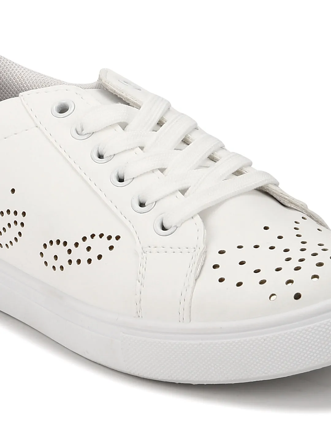 White-Golden PU Textured Lace-Up Sneakers