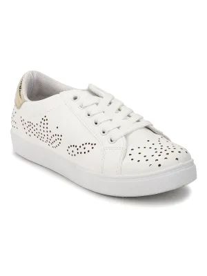 White-Golden PU Textured Lace-Up Sneakers