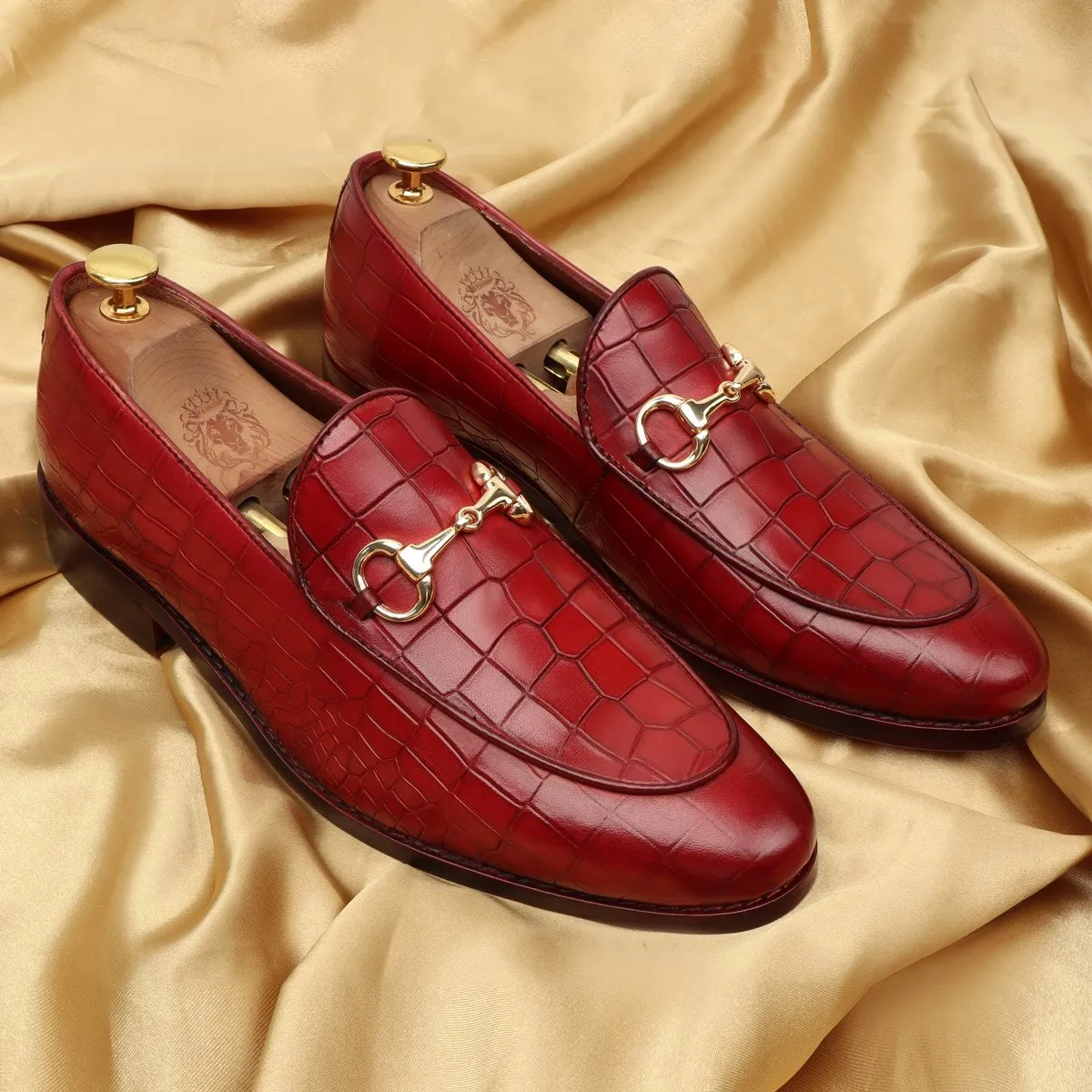 Wine Deep Cut Croco Leather Horsebit Apron Toe Loafers for Men by Brune & Bareskin