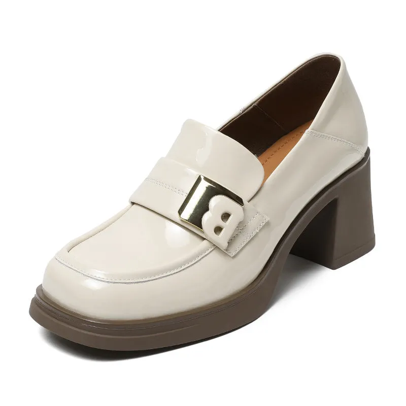 Women Casual Glossy Leather Chunky Heel Loafers