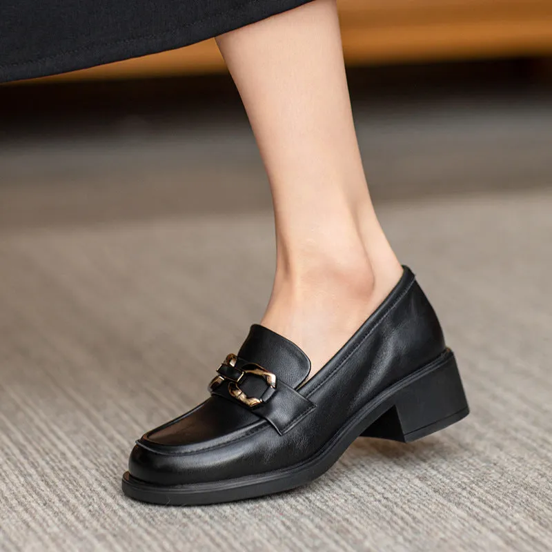 Women Casual Soft Leather Low Block Loafers