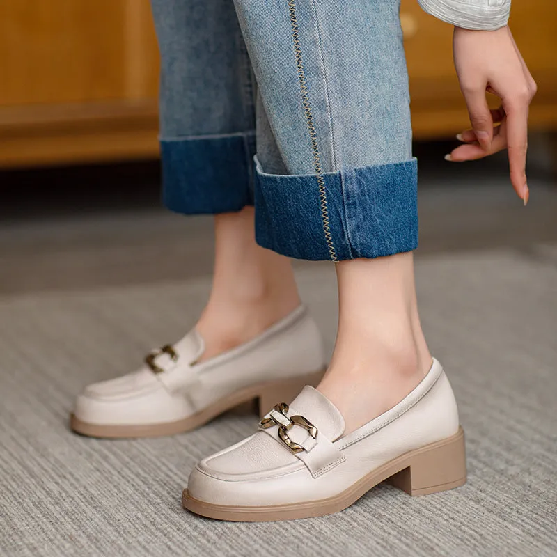 Women Casual Soft Leather Low Block Loafers