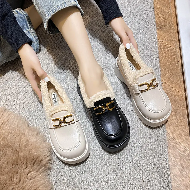 Women Minimalist Retro Furred Thick Soled Loafers