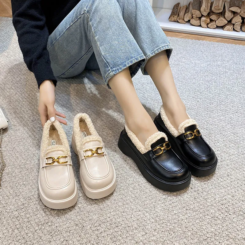 Women Minimalist Retro Furred Thick Soled Loafers