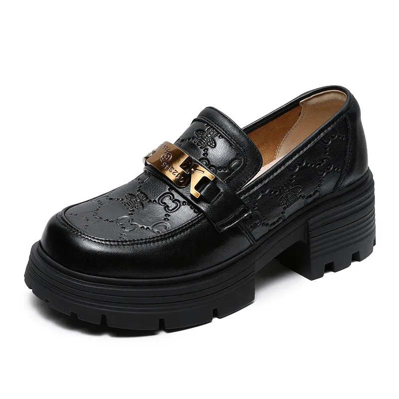 Women Retro Embossed Leather Thick Soled Loafers