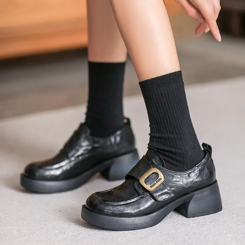 Women Retro Minimliast Leather Chunky Heel Loafers