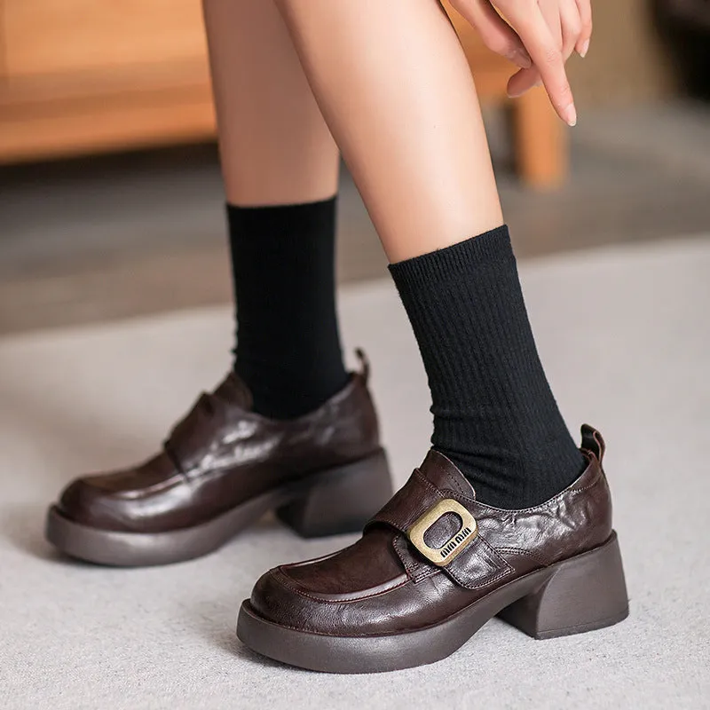 Women Retro Minimliast Leather Chunky Heel Loafers