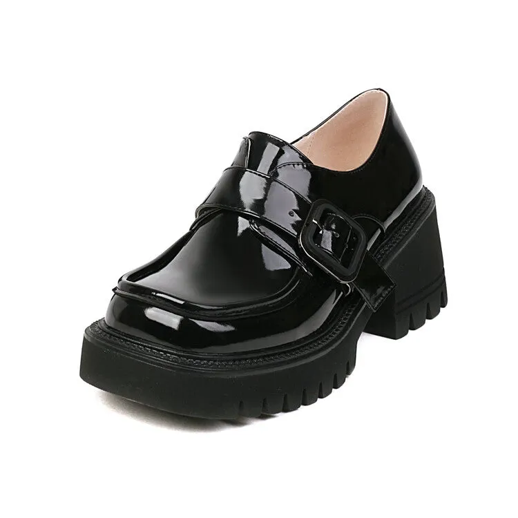 Women's Square Toe Buckle Straps Block Chunky Heel Platform Loafers