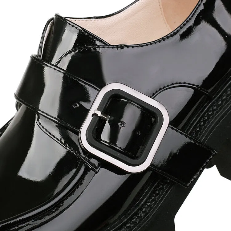 Women's Square Toe Buckle Straps Block Chunky Heel Platform Loafers