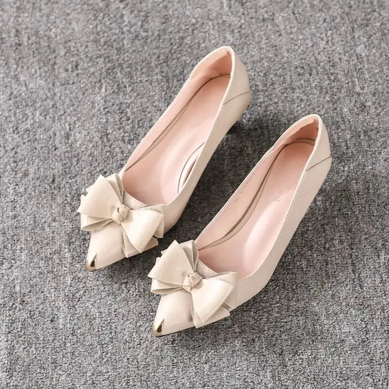 Women's Summer Footwear Office with Medium Heels Shoes for Woman Black Bow Pointed Toe High Quality Chic and Elegant Casual