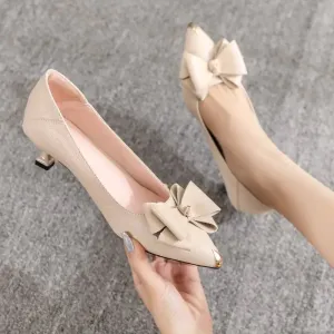 Women's Summer Footwear Office with Medium Heels Shoes for Woman Black Bow Pointed Toe High Quality Chic and Elegant Casual