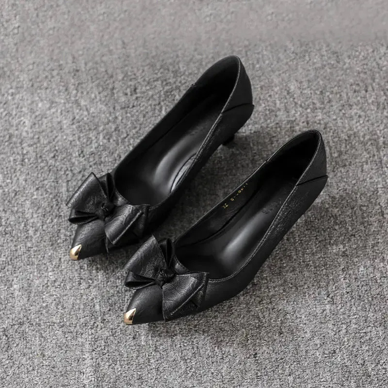 Women's Summer Footwear Office with Medium Heels Shoes for Woman Black Bow Pointed Toe High Quality Chic and Elegant Casual